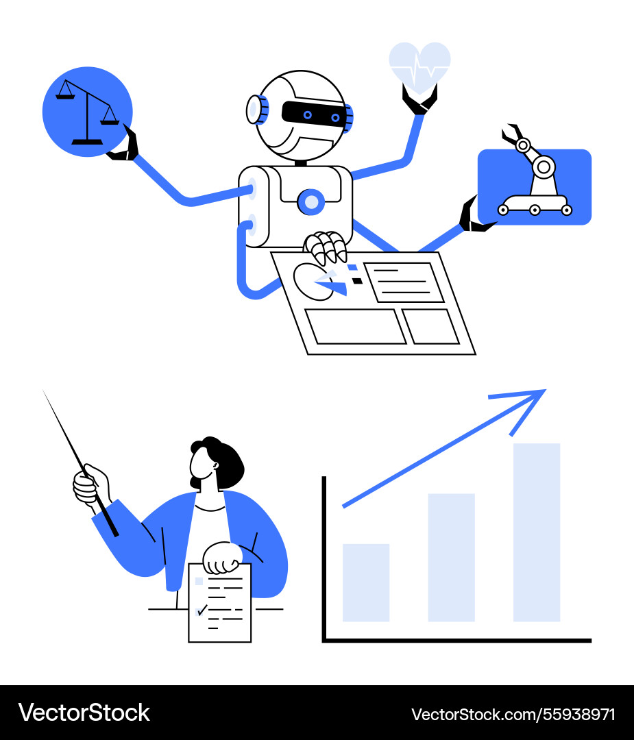 Robot multitasking with balance heart and tech Robot multitasking with balance heart and tech vector image