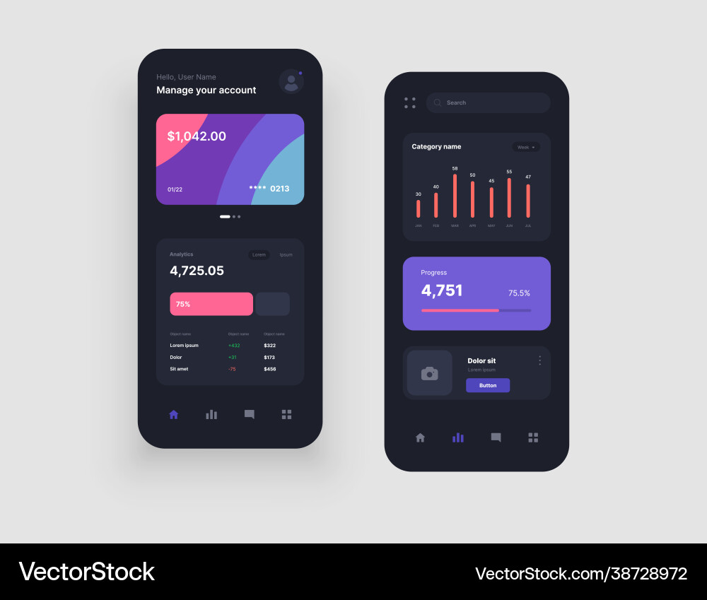 Dashboard UI Kit - Dark Theme Vector Image