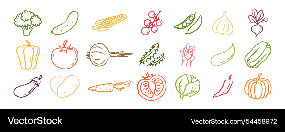 Vegetables icons chalk hand drawn doodle set Vector Image