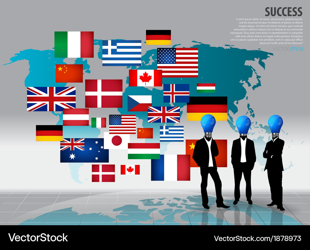Bulb headed man with flag and map background Vector Image