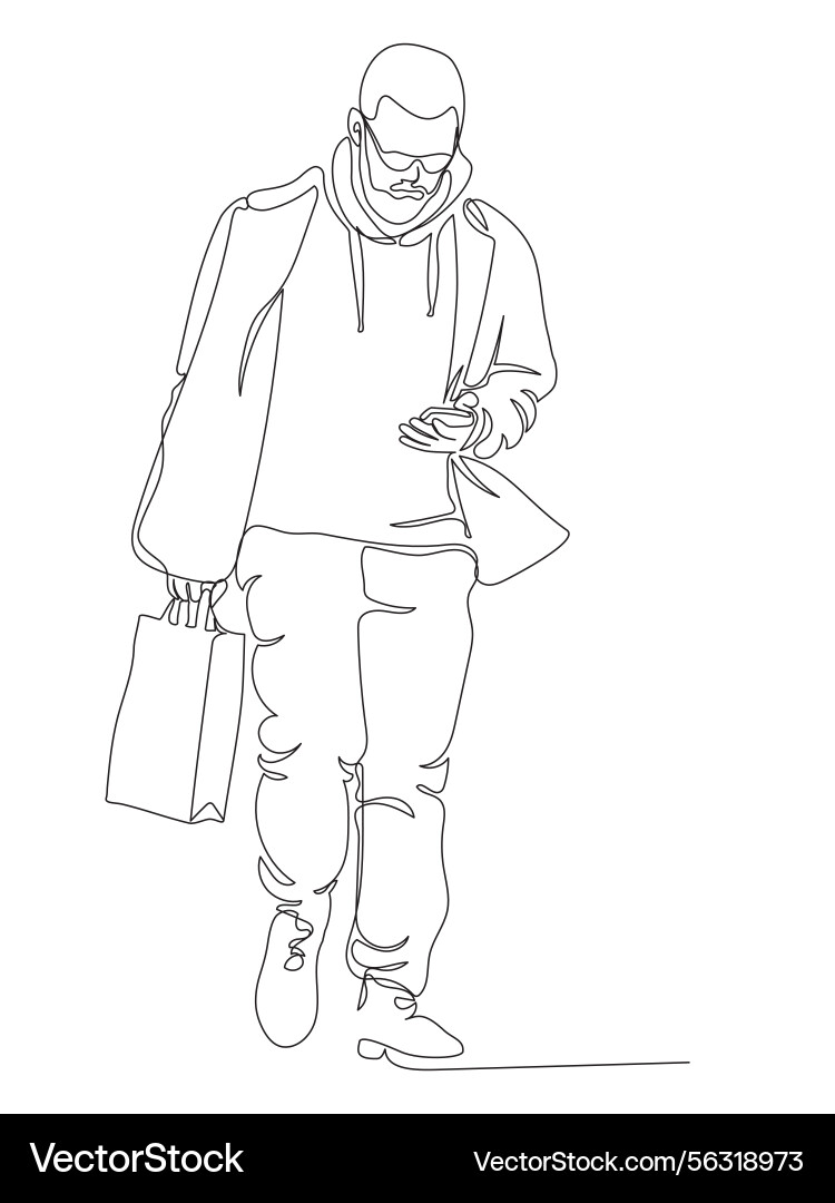 Man with shopping bag walking and using phone Vector Image