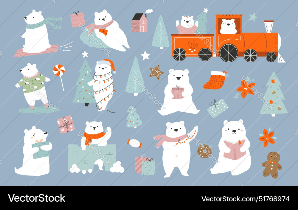 Adorable Winter Polar Bears - Holiday Set Vector Image