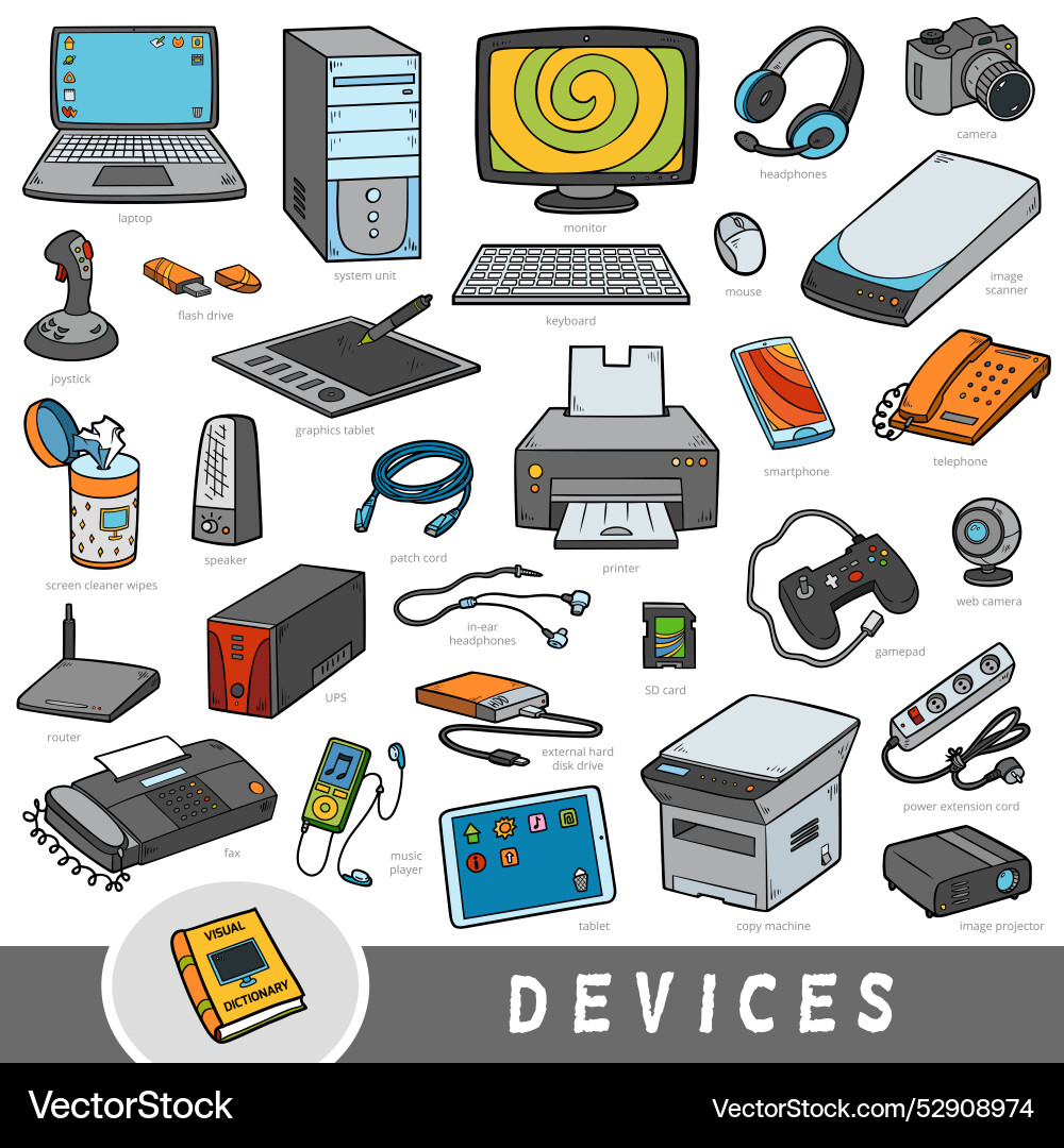 Colorful set of computer devices visual Colorful set of computer devices visual vector image
