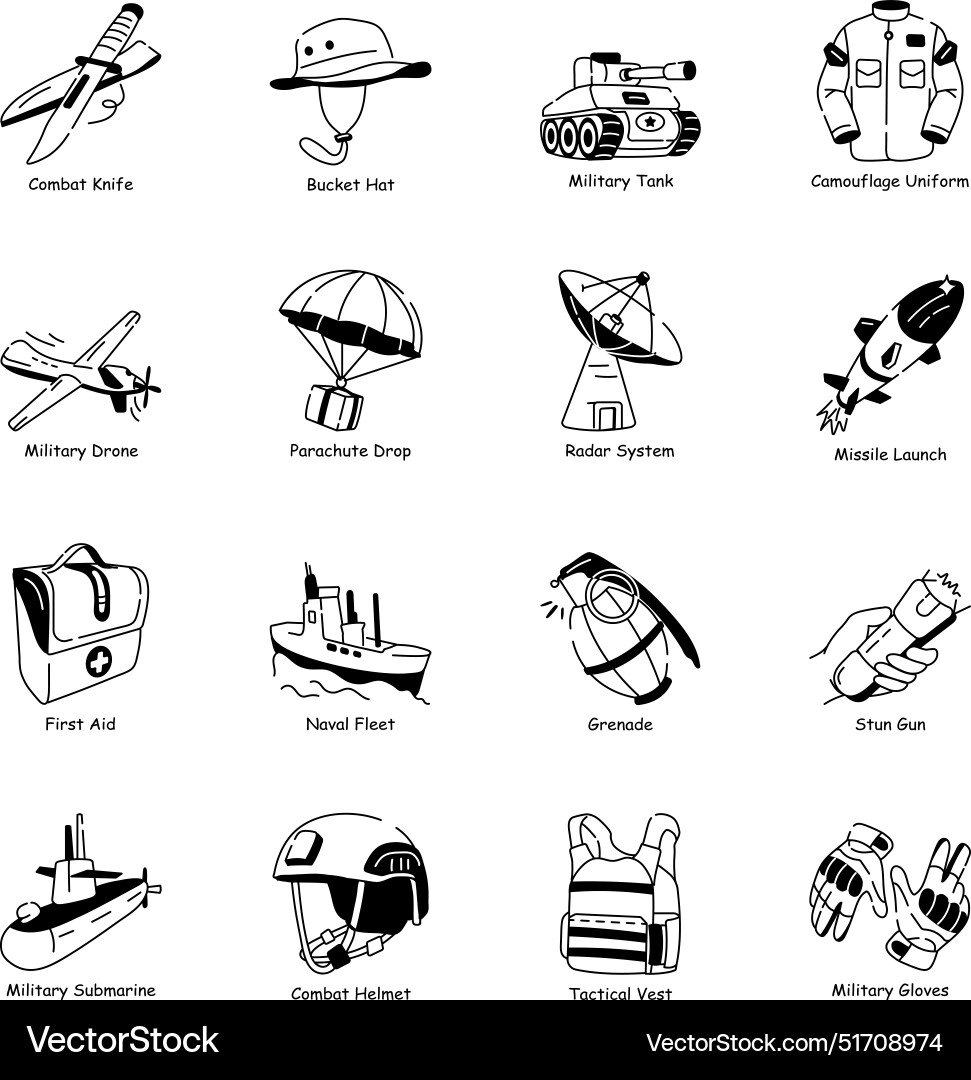 Neueste Sammlung von Militär und Armee Doodle-Ikone Neueste Sammlung von Militär und Armee Doodle-Ikone vektorbild