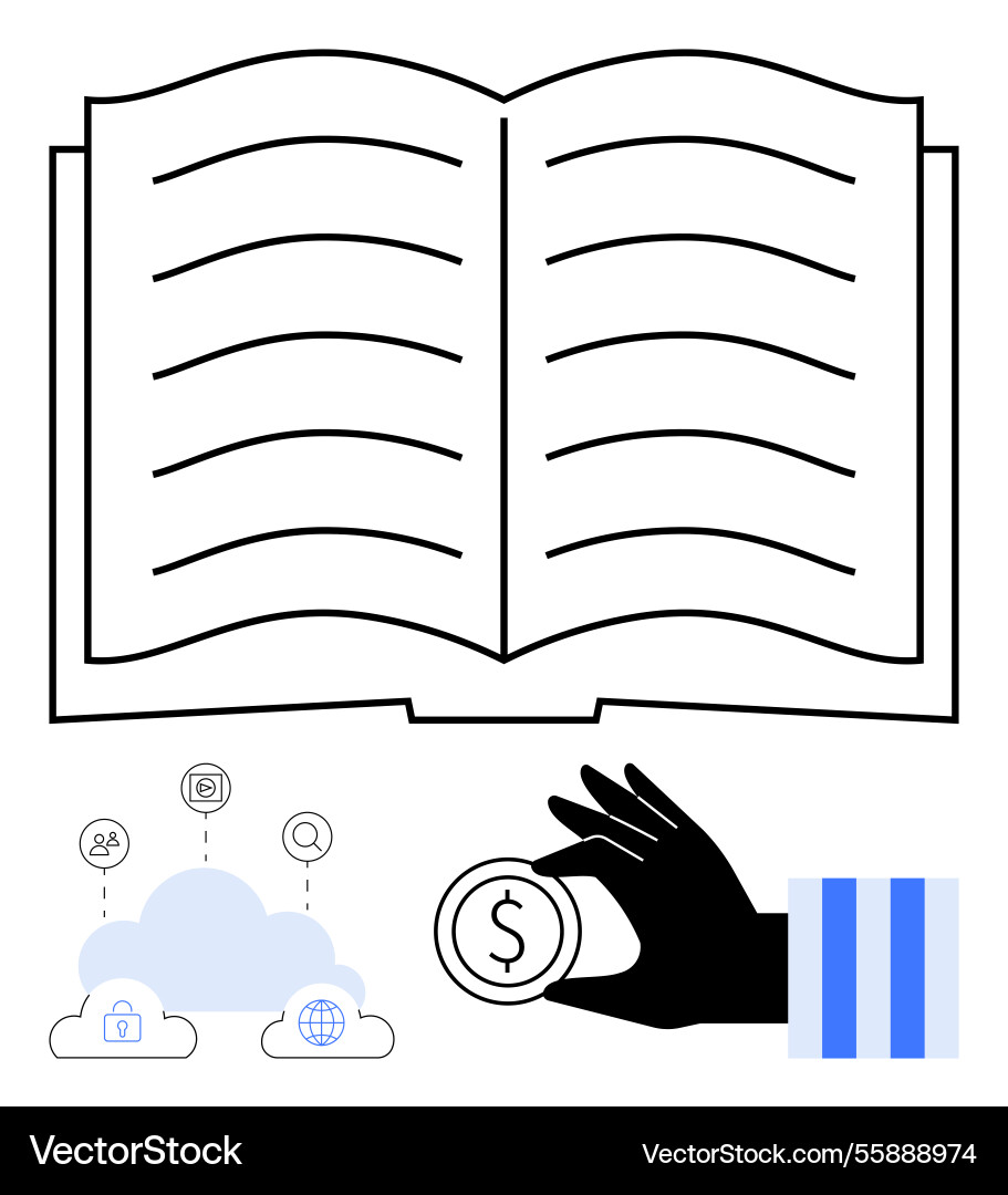 Open book with cloud storage icons and hand Open book with cloud storage icons and hand vector image