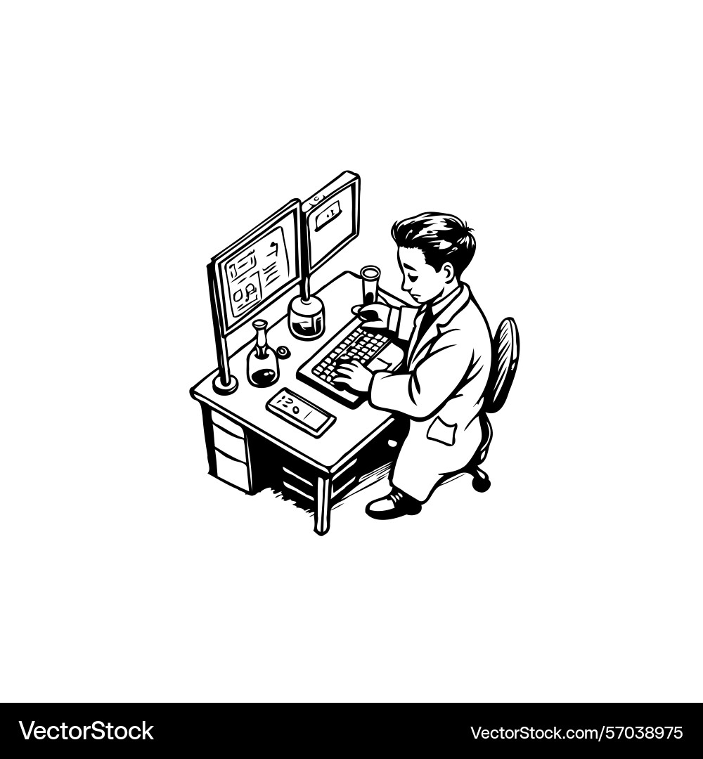 Scientist working on computer in laboratory Vector Image
