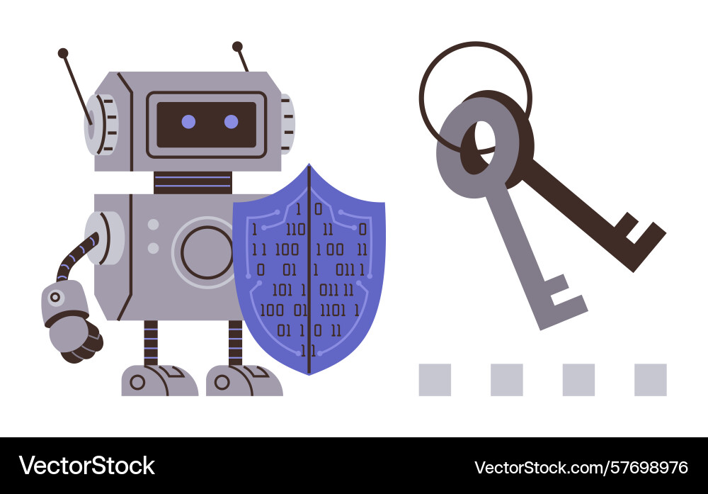 Roboter schützen digitale Schlüssel mit binären Code Roboter schützen digitale Schlüssel mit binären Code Vektorbild