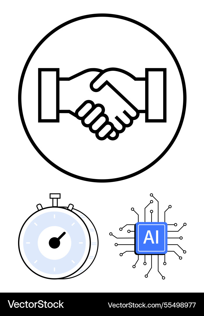 Handshake in circle stopwatch and ai microchip Vector Image