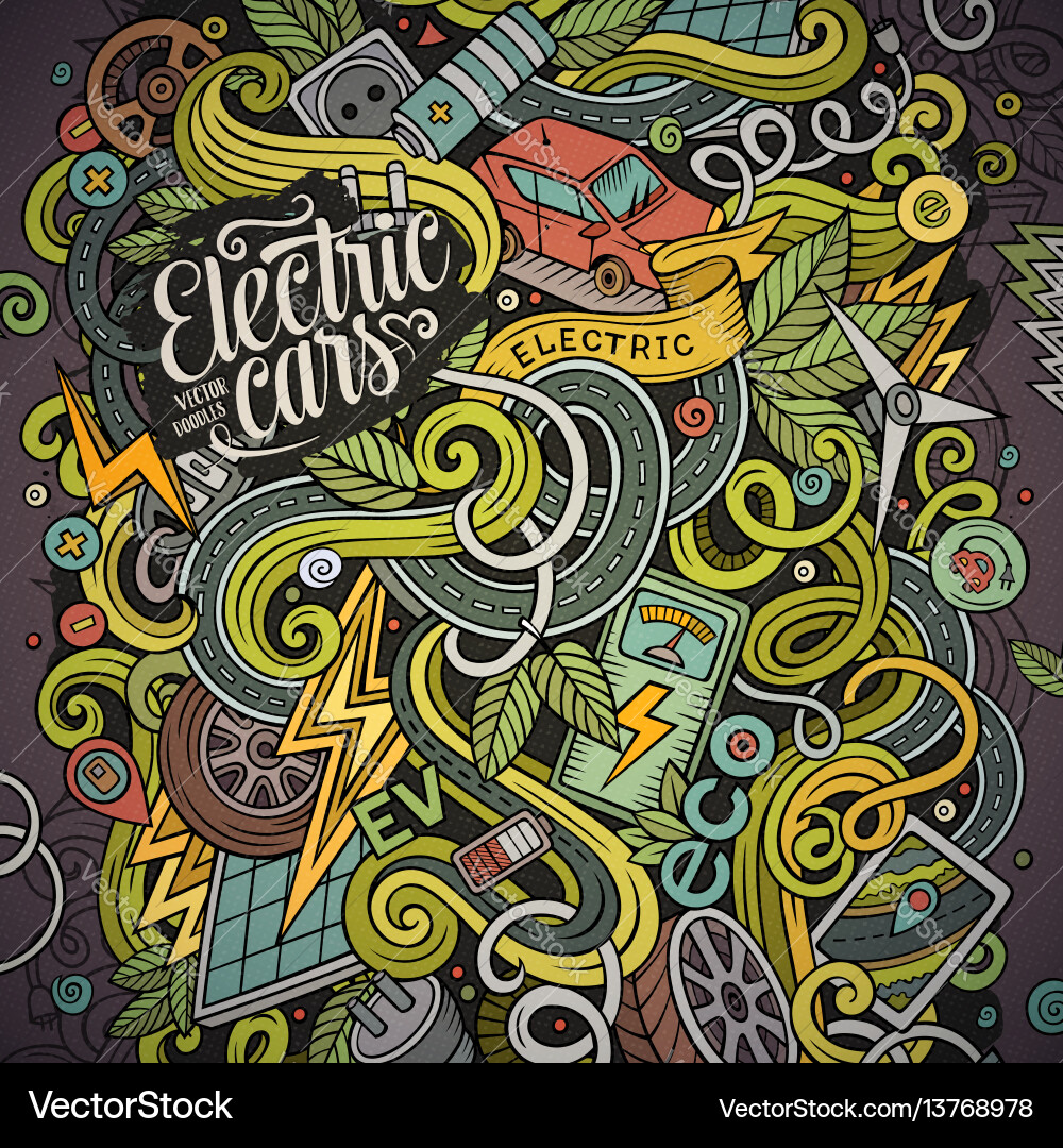 Cartoon cute doodles electric cars Cartoon cute doodles electric cars vector image