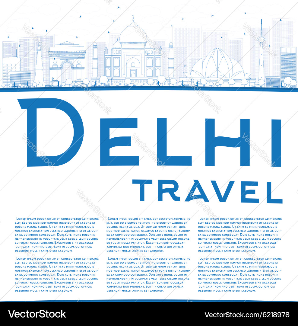 Outline delhi skyline with blue landmarks Vector Image