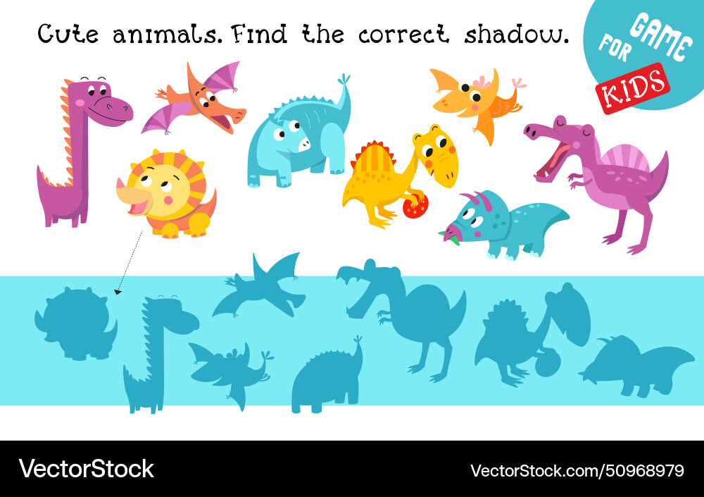 Find right shadow and connect dinosaurs game Find right shadow and connect dinosaurs game Vector Image