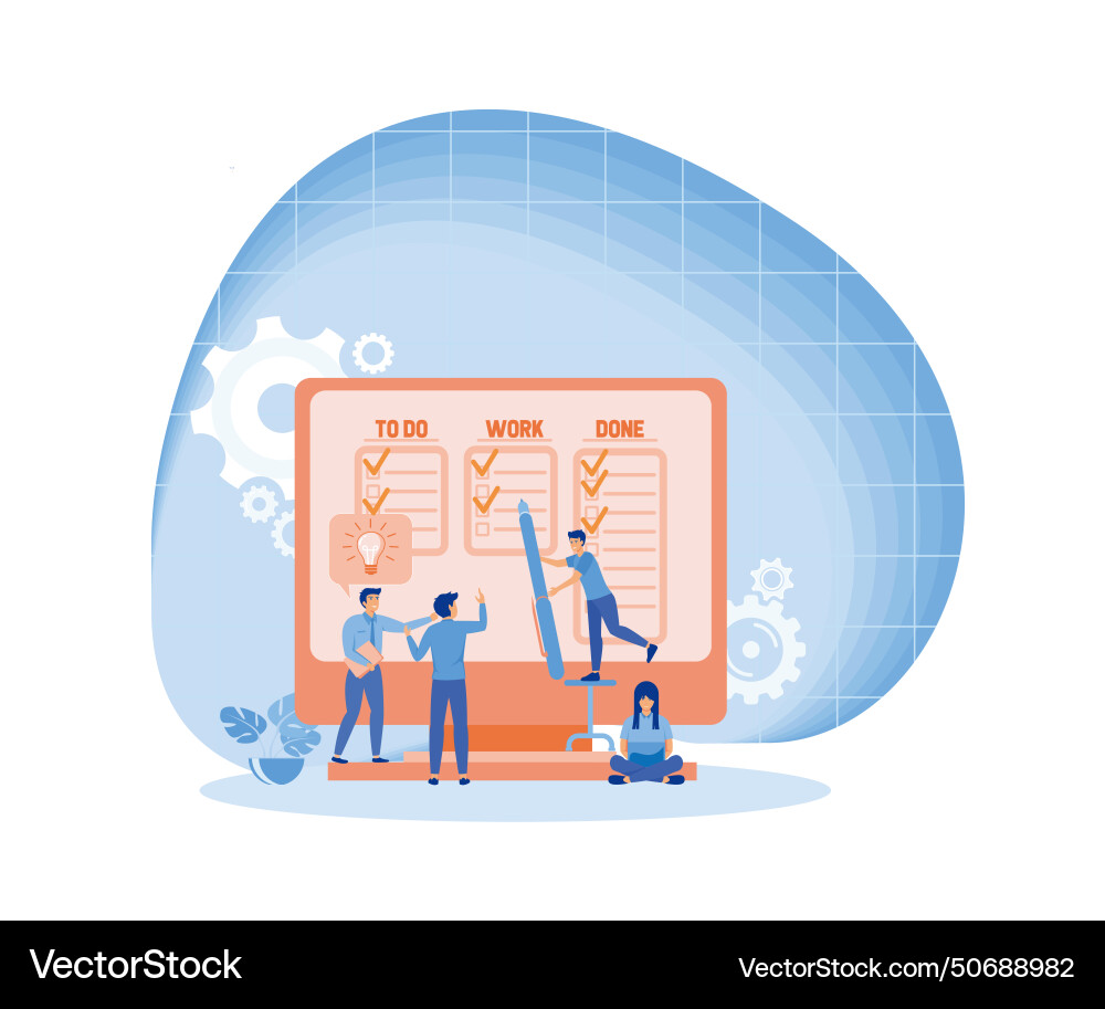 Big computer and programmer team moving cards vector image