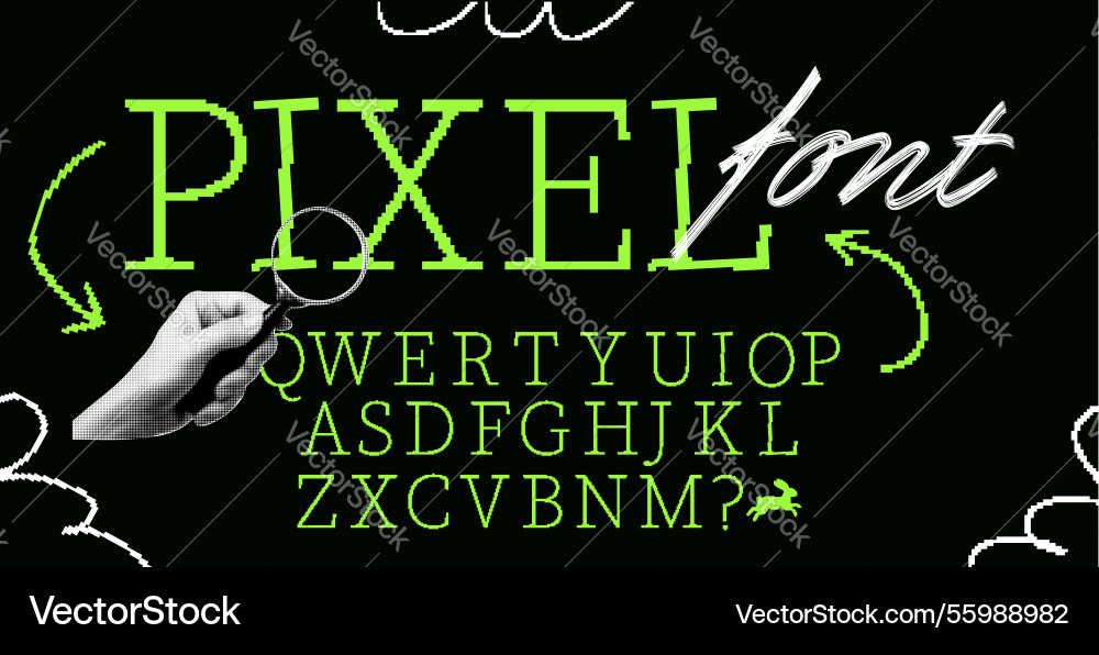 Pixel font and keyboard set in 8-bit green style Pixel font and keyboard set in 8-bit green style Vector Image