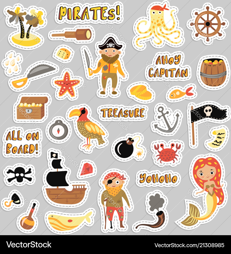 Set of pirates cartoon stickers adventures Set of pirates cartoon stickers adventures vector image