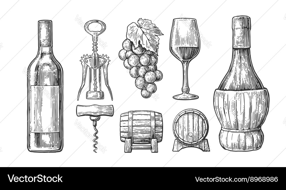 Wine Bottle & Corkscrew Set Royalty Free Vector Image