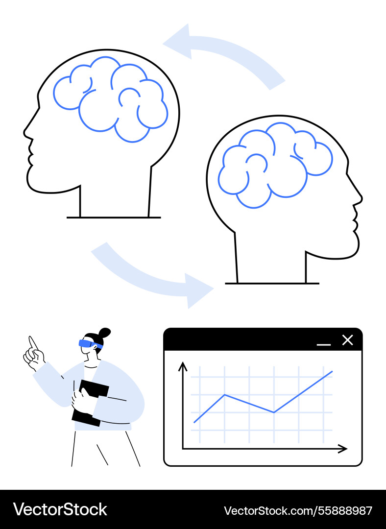 Knowledge exchange between two brains with data Knowledge exchange between two brains with data Vector Image