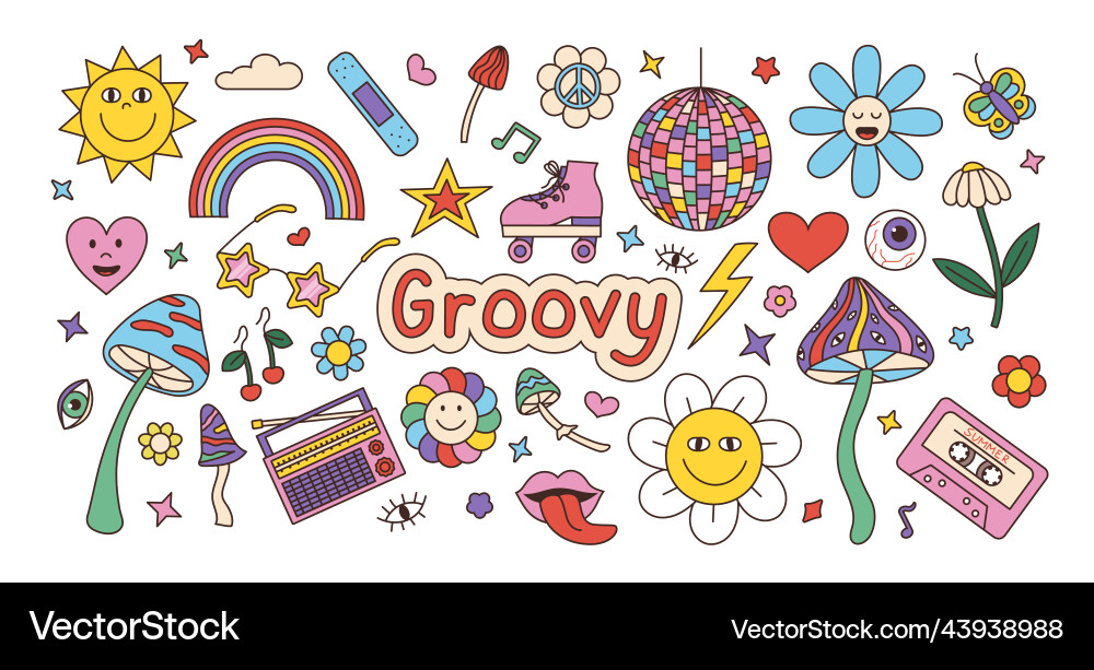 Retro groovy stickers 70s disco rainbow Retro groovy stickers 70s disco rainbow vector image