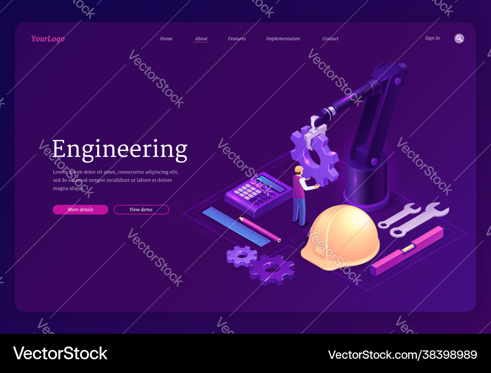 Engineering isometric landing robotics factory Engineering isometric landing robotics factory vector image
