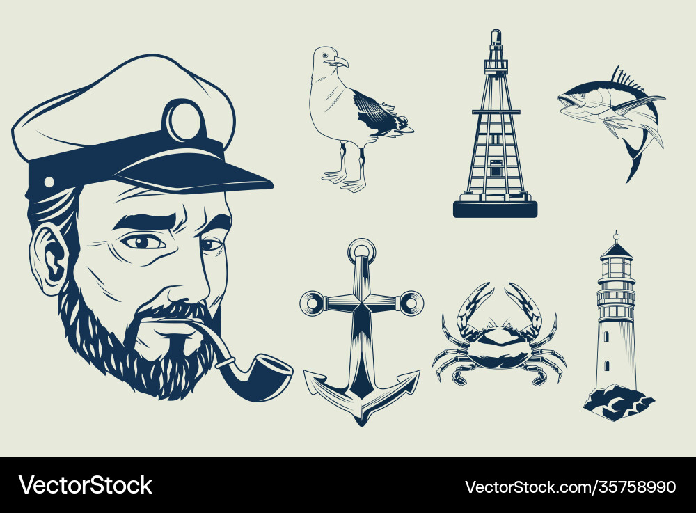 Bundle seven nautical gray elements set icons Vector Image