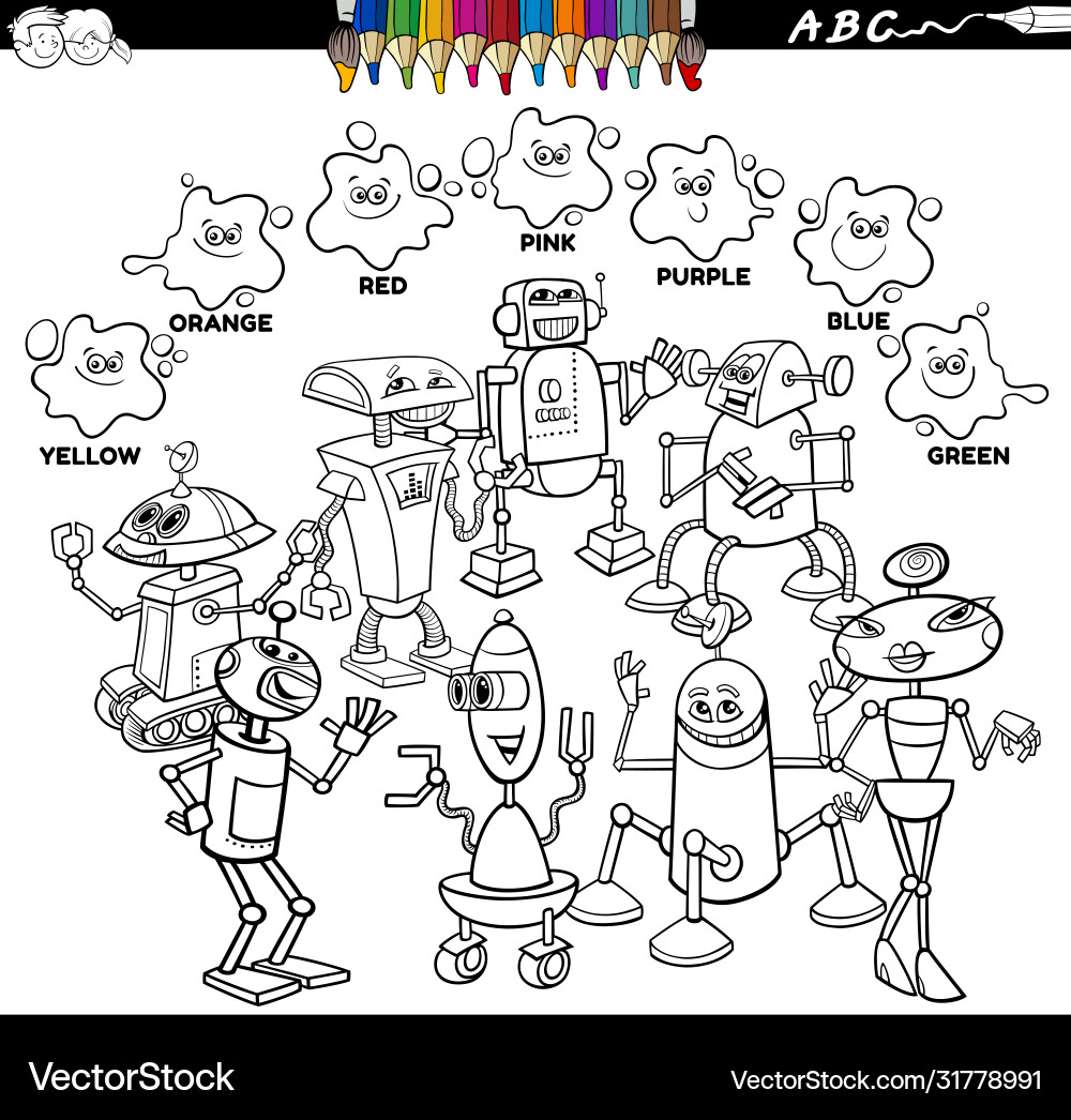 Basic colors color book with robot characters Basic colors color book with robot characters vector image