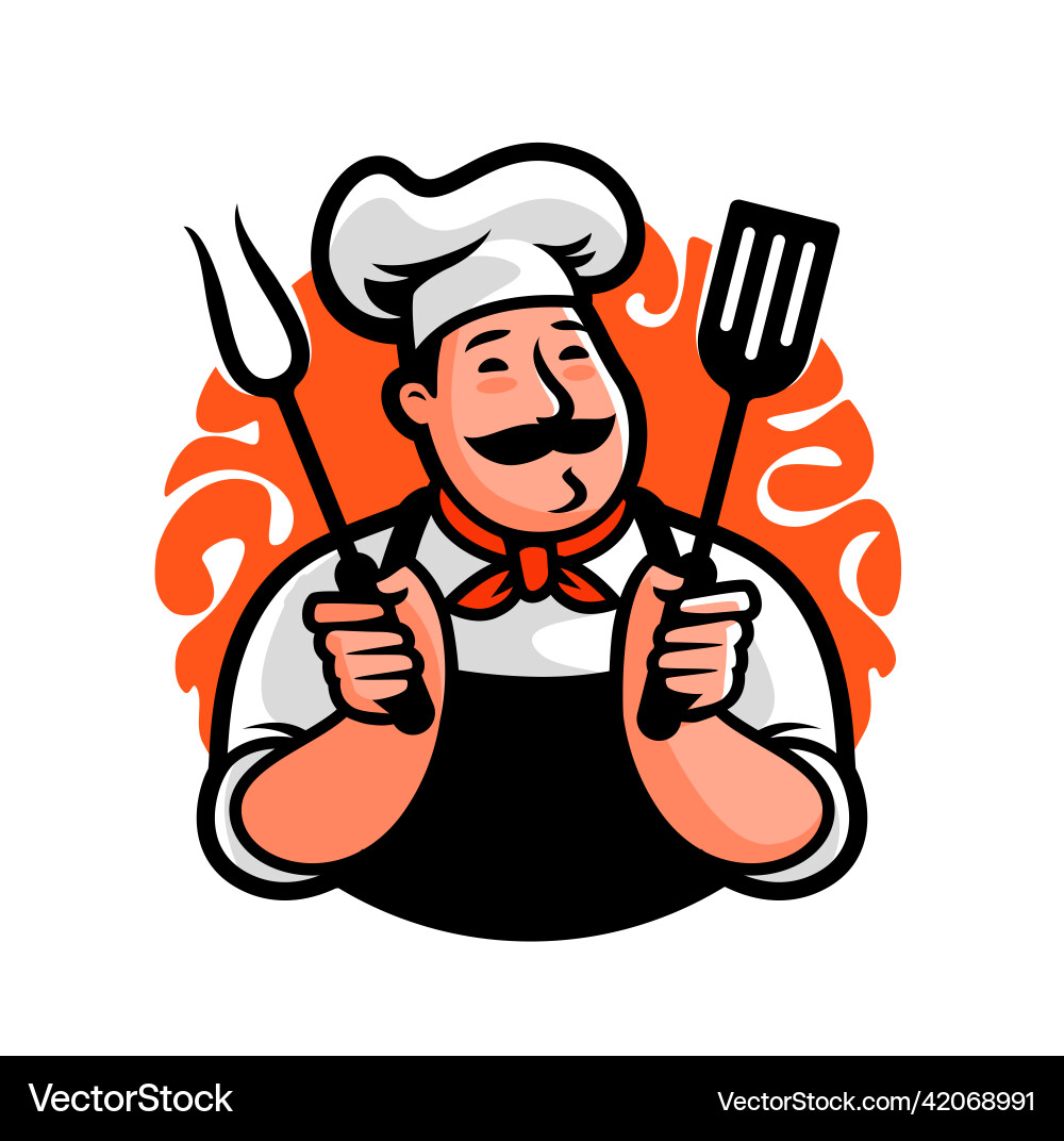 Grill food emblem chef with fork and spatula vector image