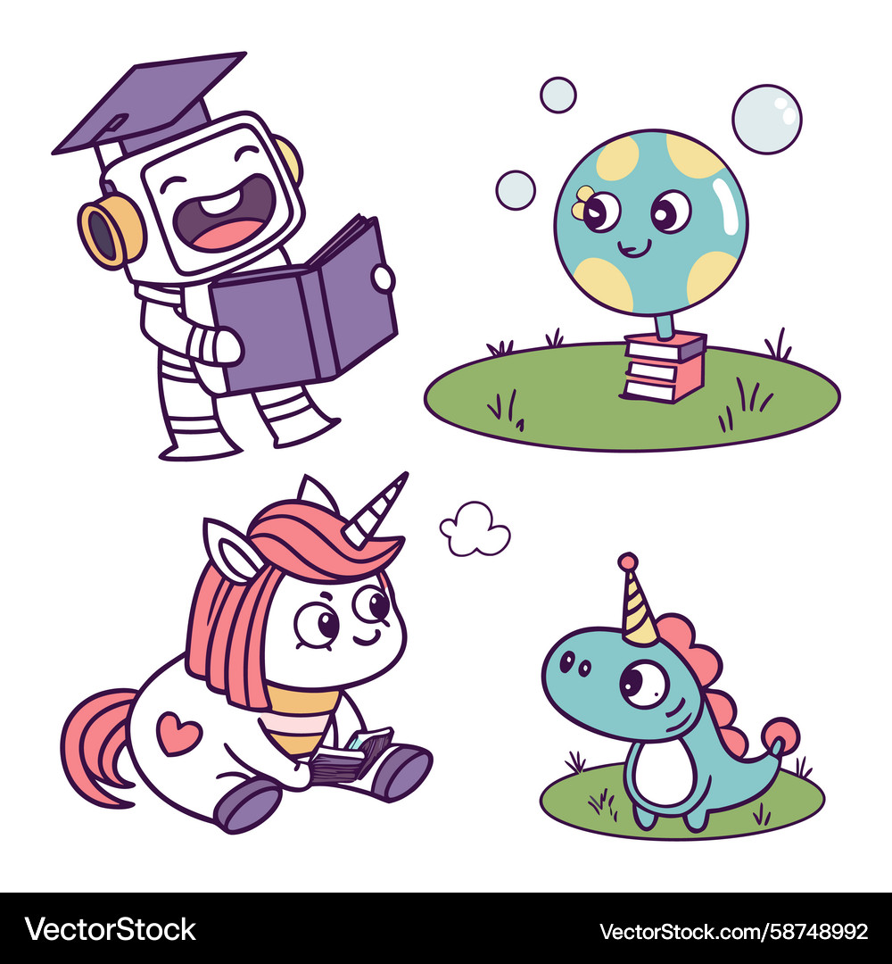 Robot Unicorn Reading with Dino & Globe Vector Image