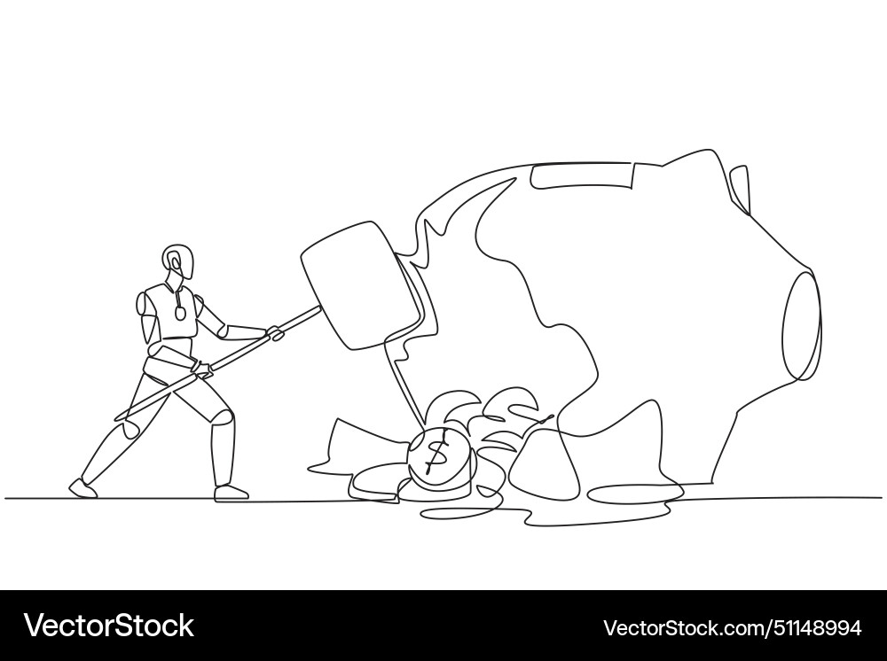 Continuous one line drawing robot hit big piggy Continuous one line drawing robot hit big piggy vector image