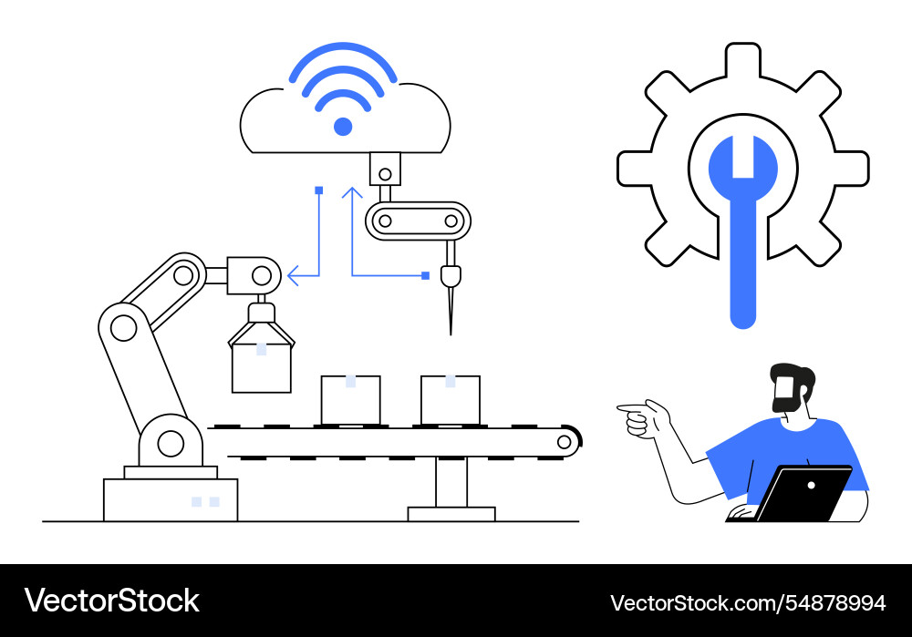 Industrial robot processing boxes with cloud Vector Image