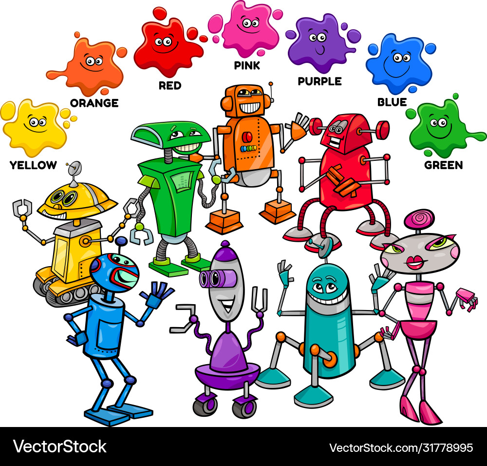 Basic colors with robot characters group Basic colors with robot characters group vector image