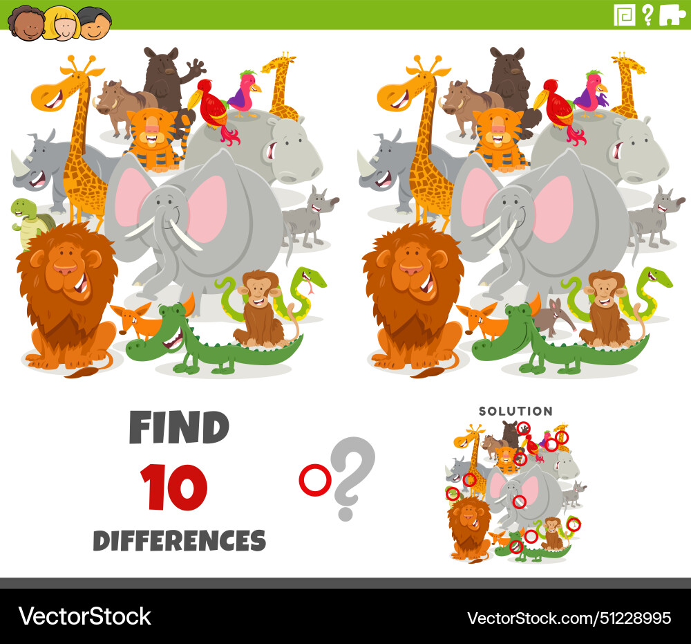 Differences game with cartoon wild animals group Differences game with cartoon wild animals group Vector Image