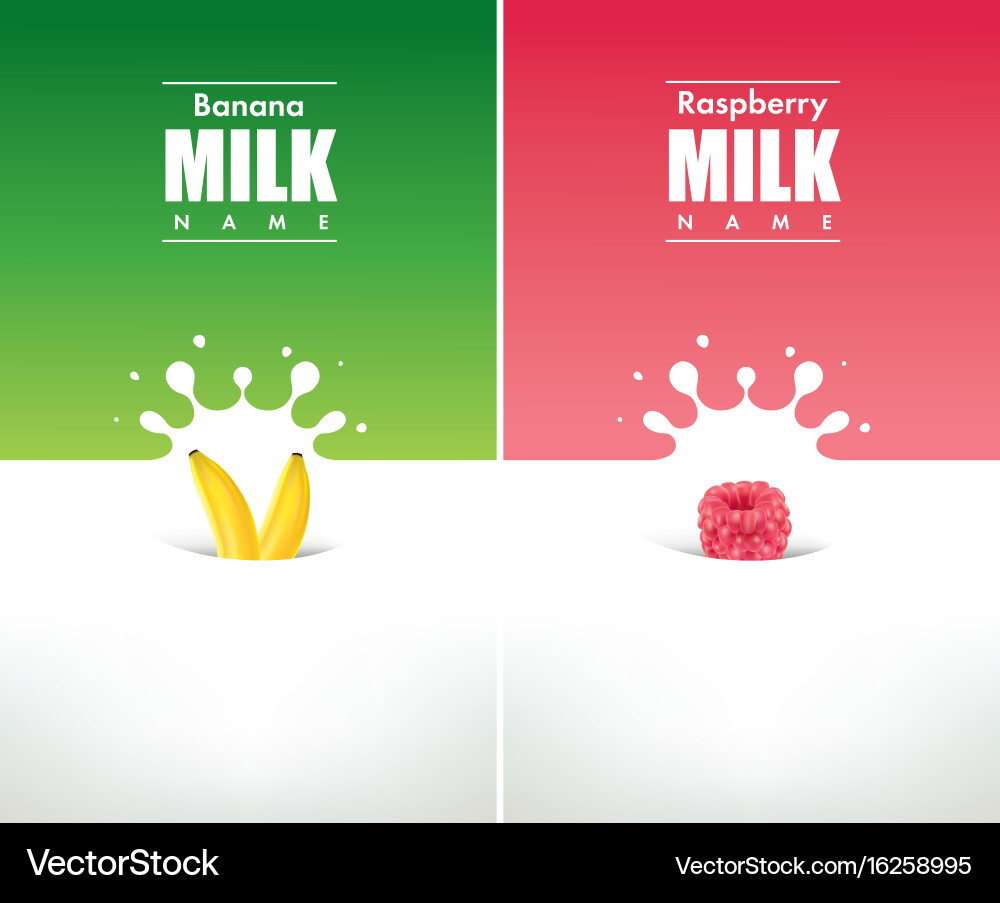 Milk splash with fresh banana and raspberry vector image