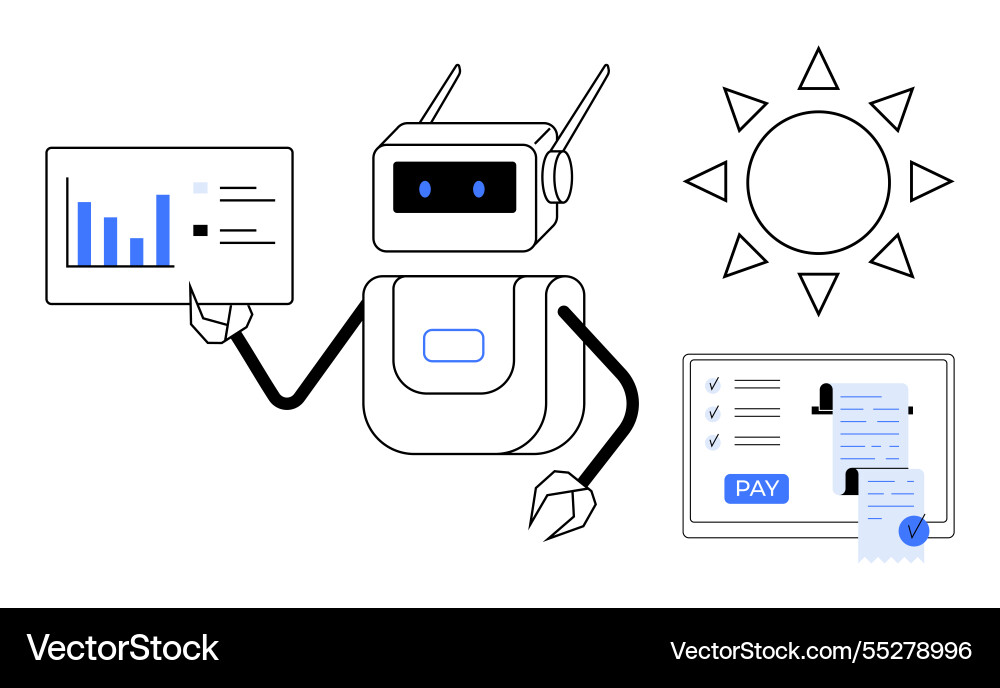 Robot analyzing data charts while managing digital Vector Image