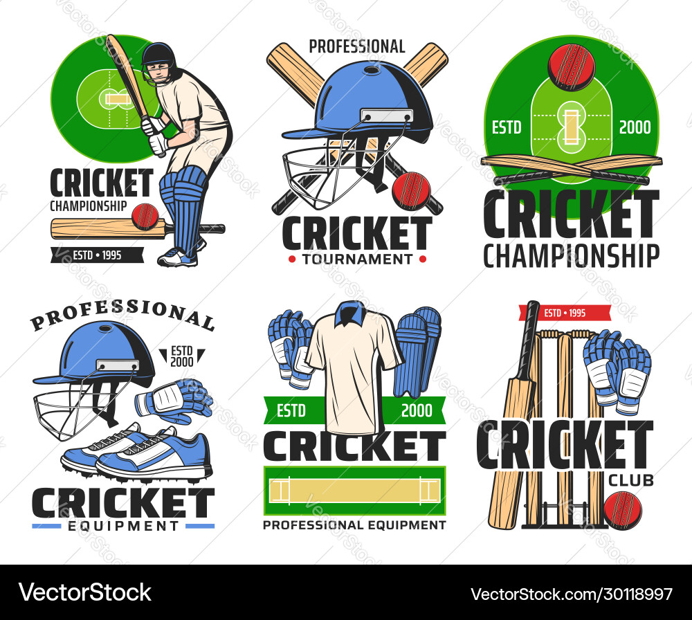 Kricketspieler mit Sportballschläger-Icons Kricketspieler mit Sportballschläger-Icons vektorbild