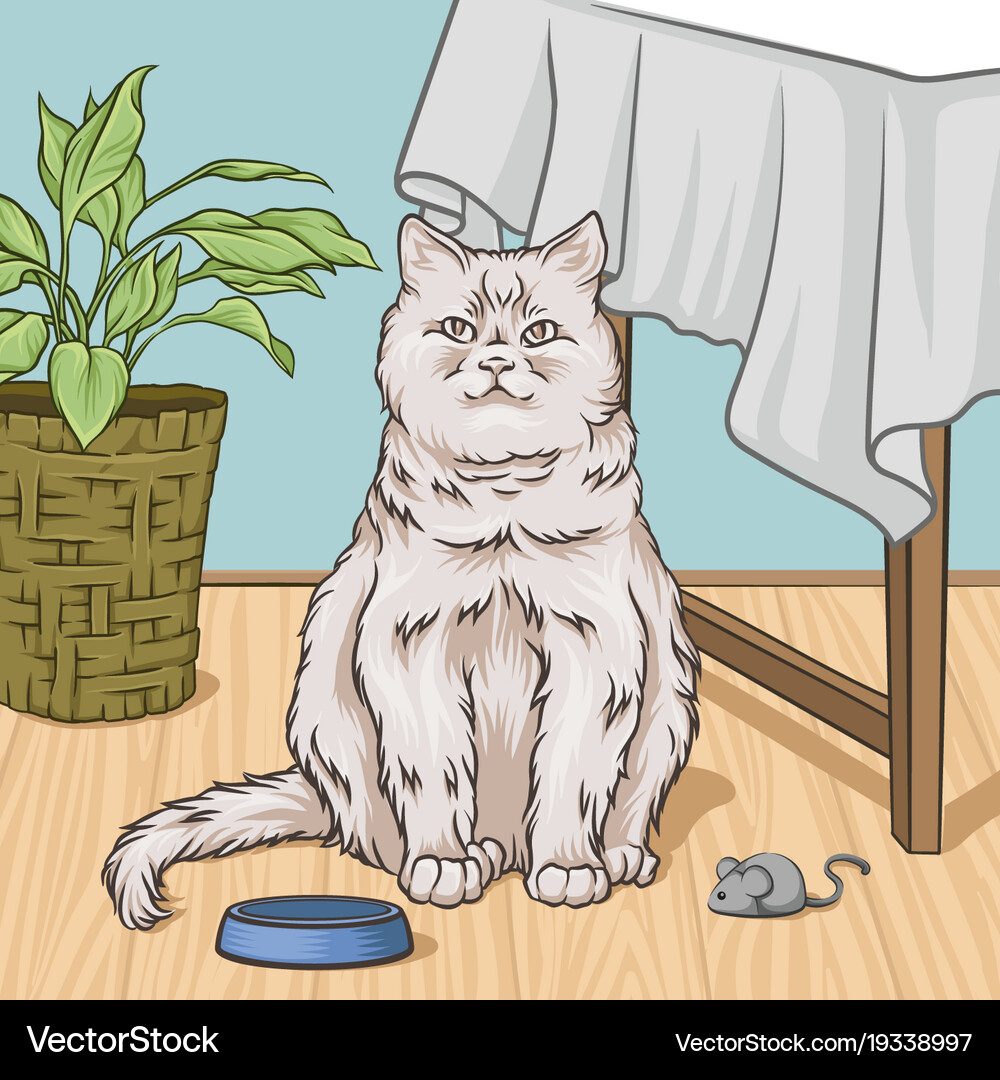 White cat sitting next to a table room interior – Royalty-Free Vector |  VectorStock, image size:1000x1080