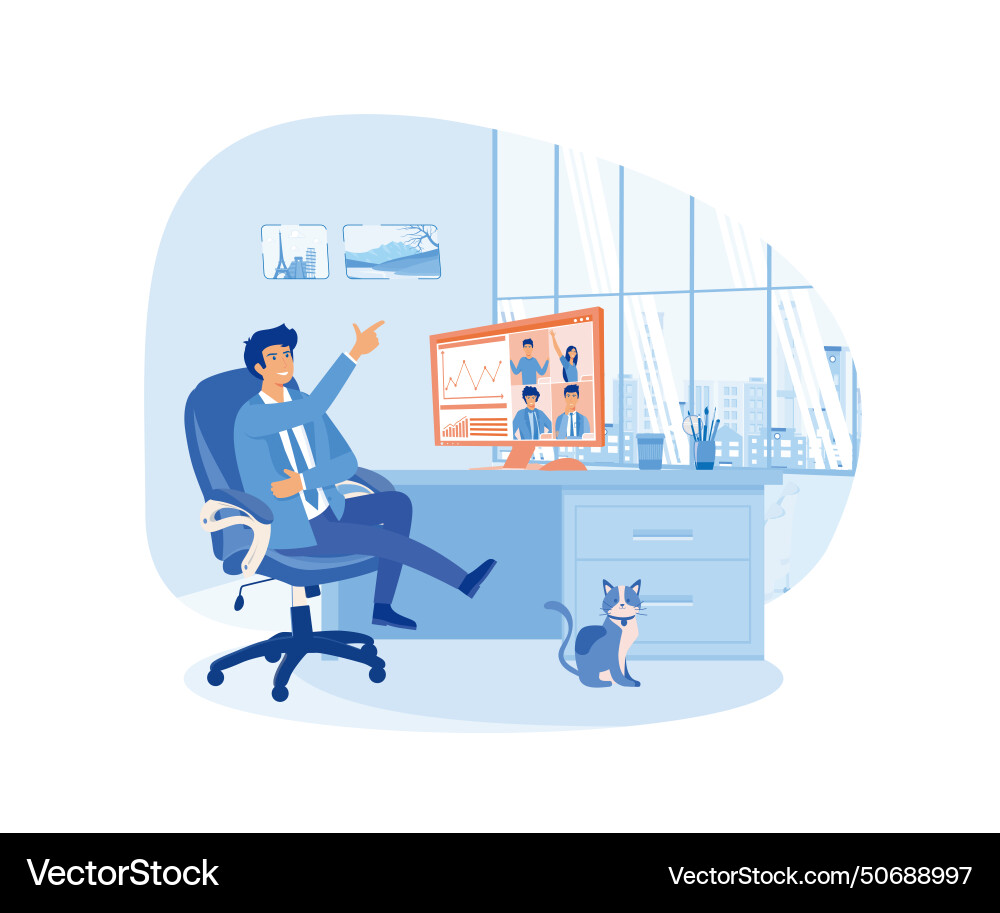 Worker using computer for collective virtual Vector Image