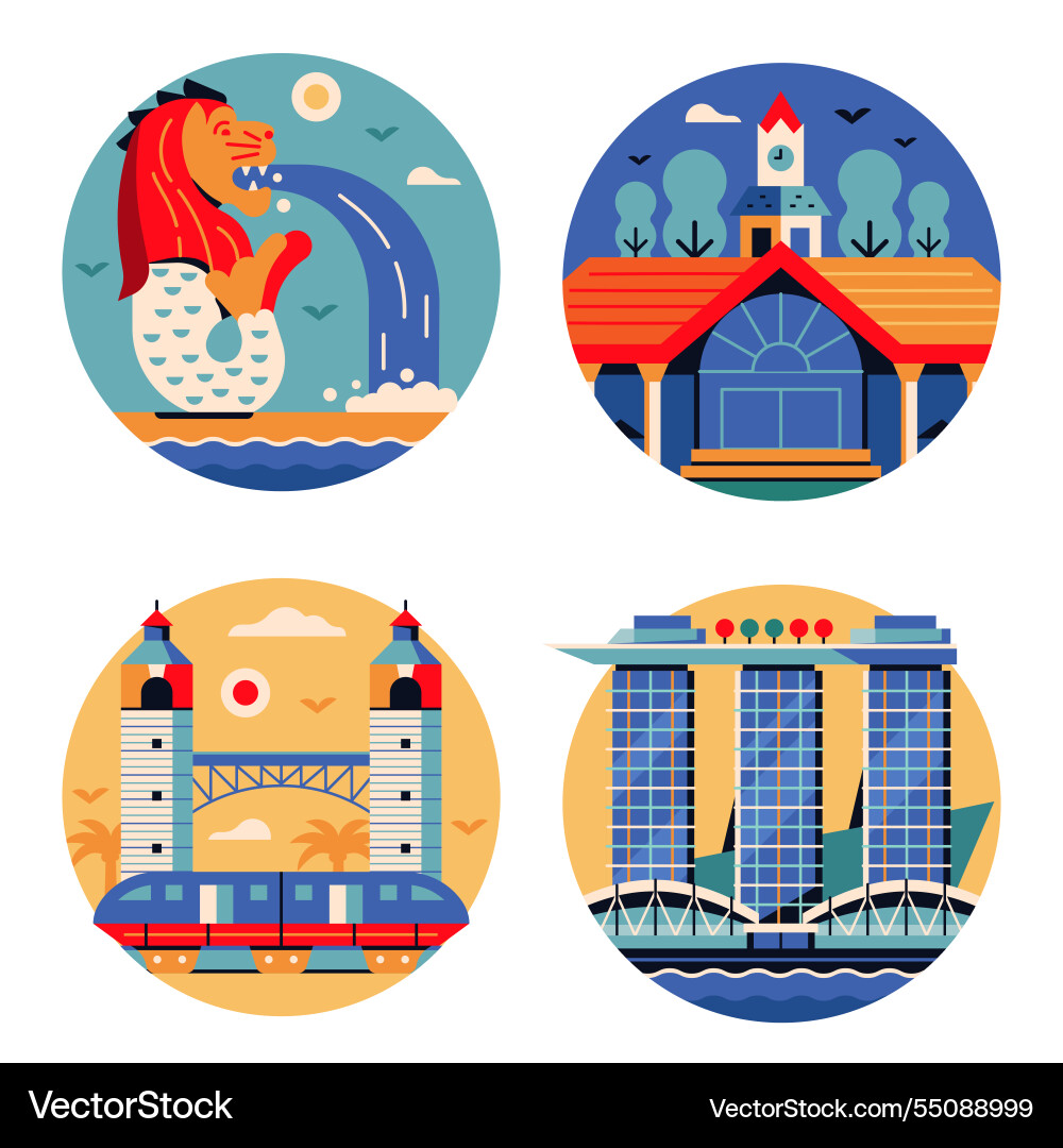 Singapore travel circle icons in flat design Singapore travel circle icons in flat design vector image
