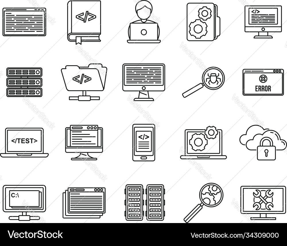 Pc testing software icons set outline style Pc testing software icons set outline style vector image