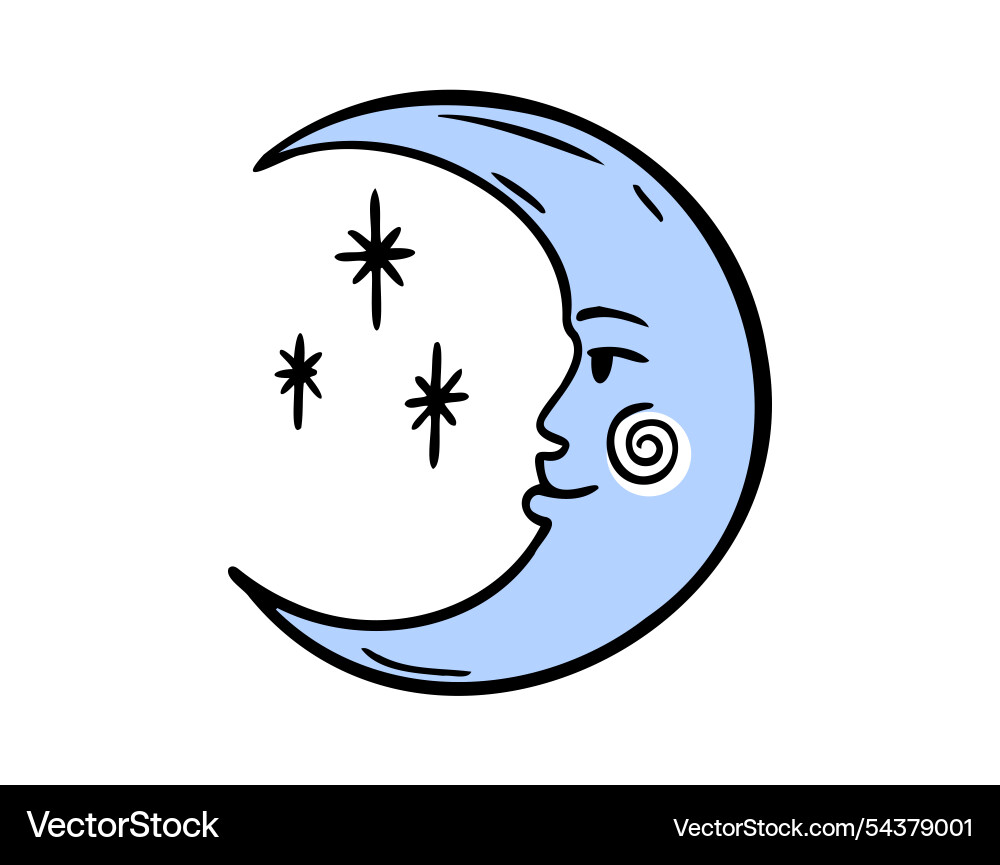 Moon face doodle element blue mystical cartoon Moon face doodle element blue mystical cartoon vector image