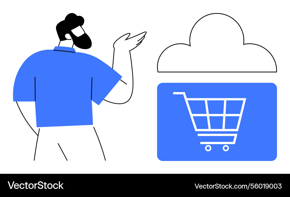 Man gesturing at digital shopping cart and cloud Man gesturing at digital shopping cart and cloud vector image
