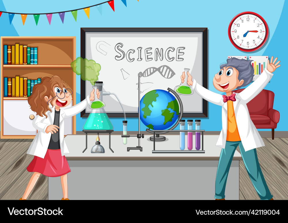 Classroom scene with scientist doing experiment Classroom scene with scientist doing experiment vector image