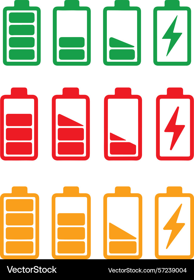 Features three rows of battery icons showing Features three rows of battery icons showing Vector Image