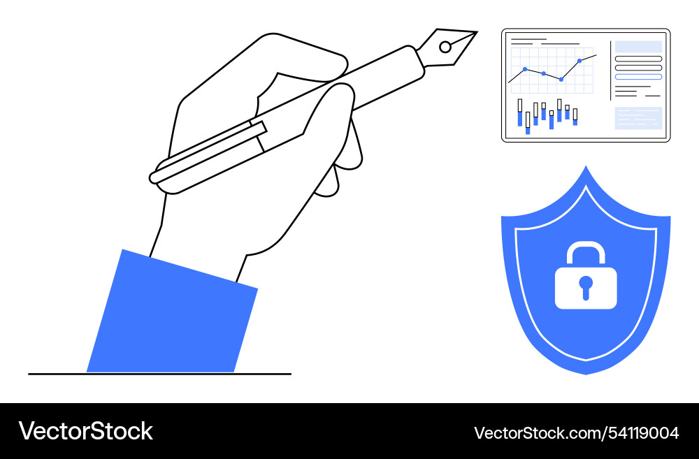 Hand with pen data analytics and security shield Hand with pen data analytics and security shield vector image