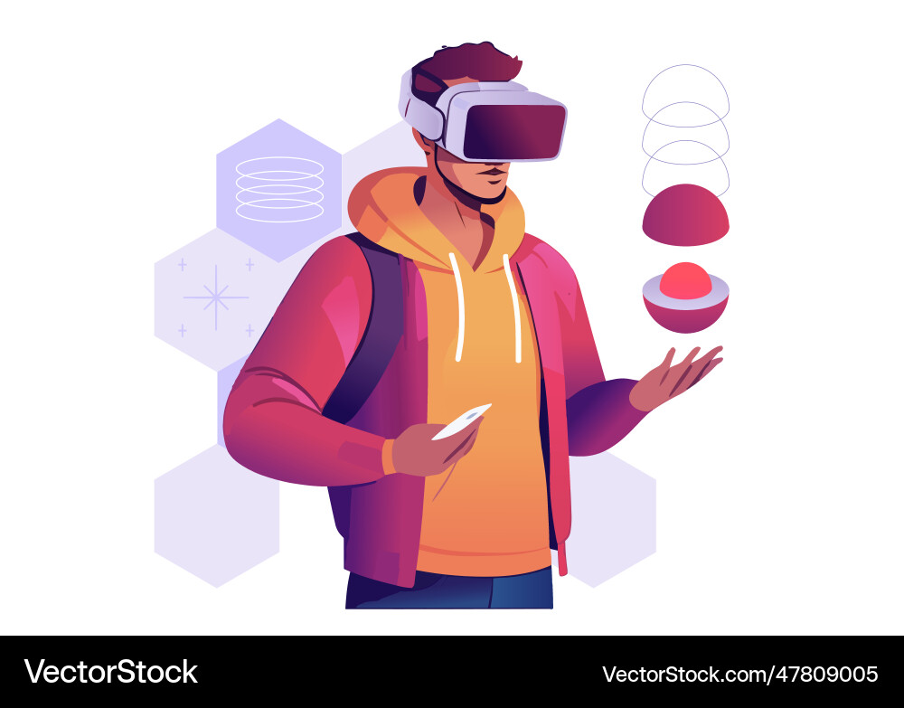 A young man moving objects around using virtual A young man moving objects around using virtual vector image