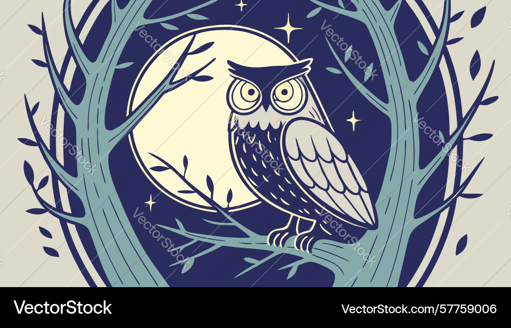 Artistic owl on branch with abstract moon design Vector Image