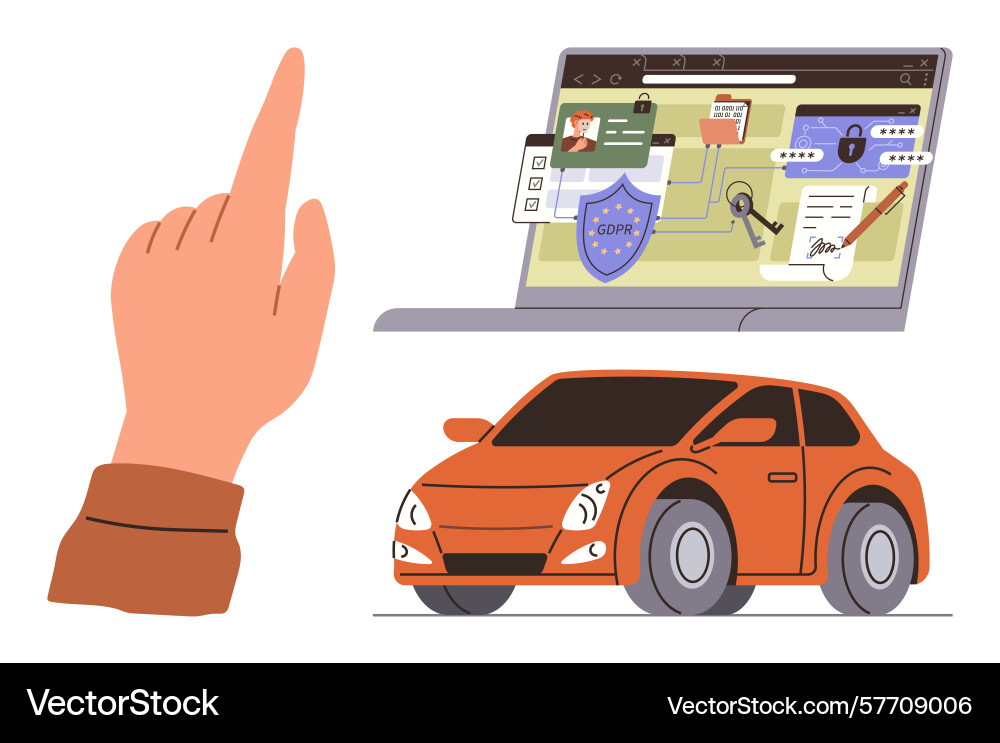 Hand pointing towards laptop with secure files vector image