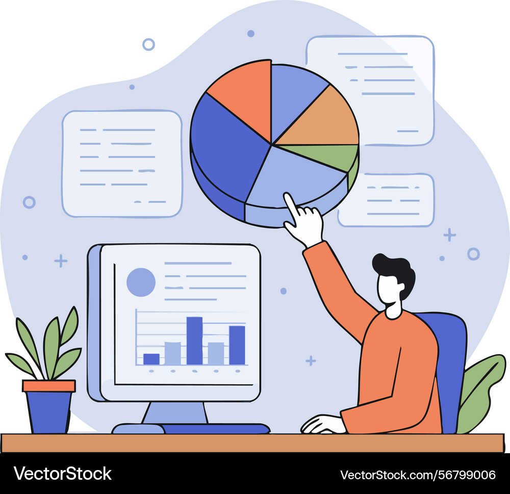 Mann Analyse bunte Kuchen-Chart und Daten Mann Analyse bunte Kuchen-Chart und Daten vektorbild