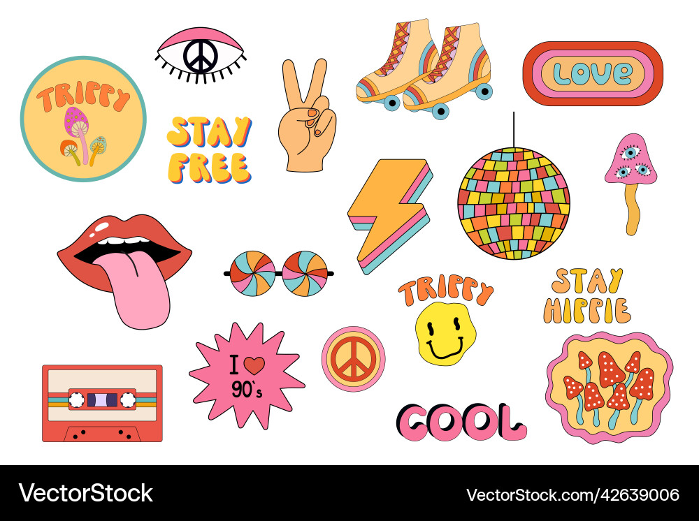 Psychedelic Mushroom Stickers - 70s Vibes Vector Image