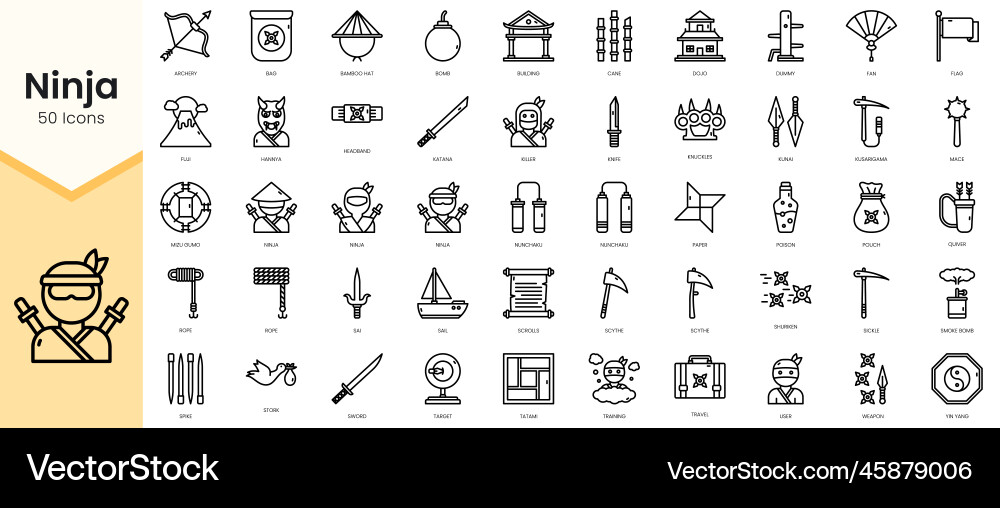 Simple outline set of ninja icons linear style vector image
