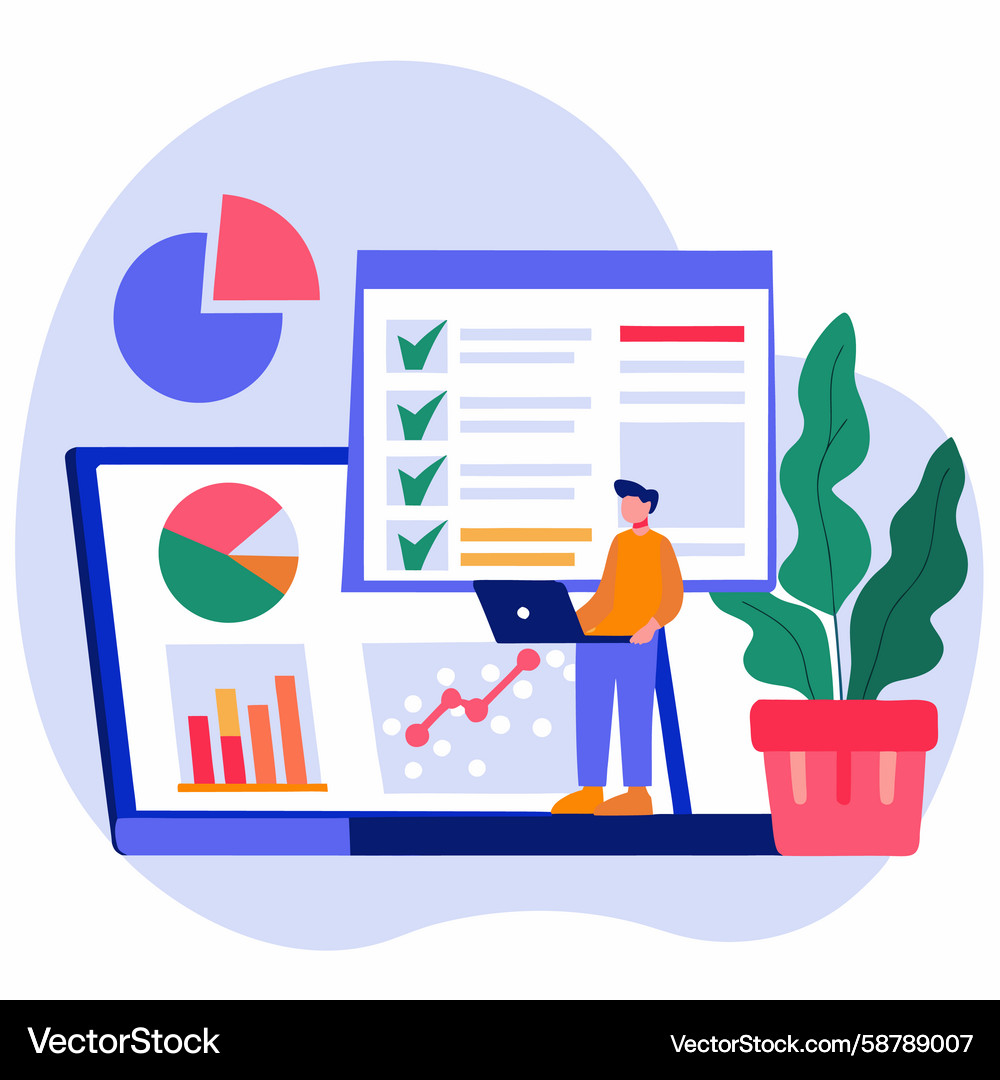 Data driven man analyzes graphs on laptop Data driven man analyzes graphs on laptop Vector Image
