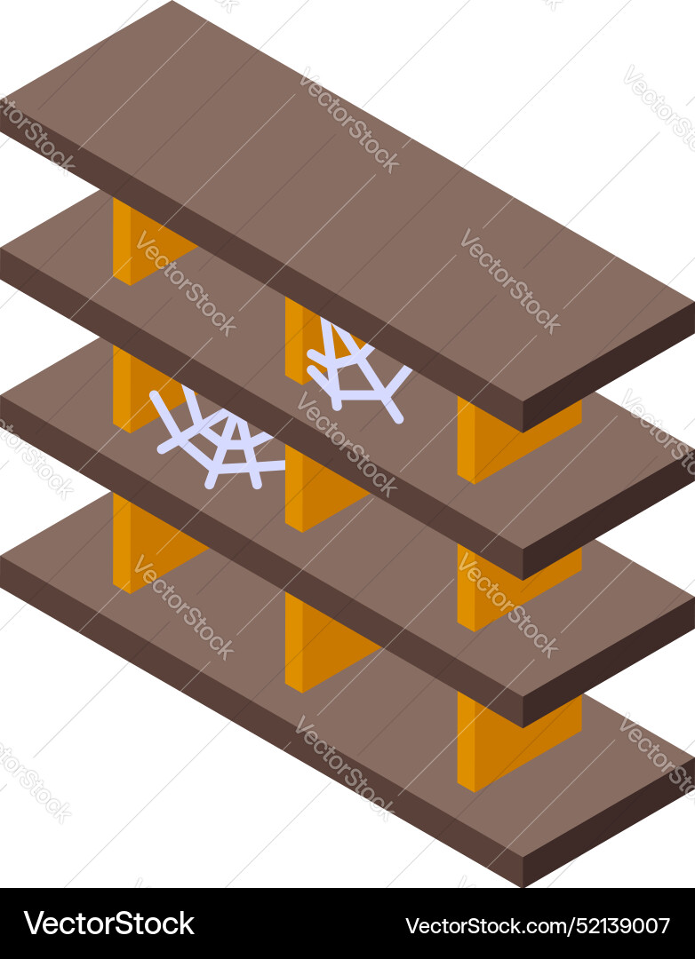 Empty wooden bookshelf covered with cobweb Empty wooden bookshelf covered with cobweb Vector Image